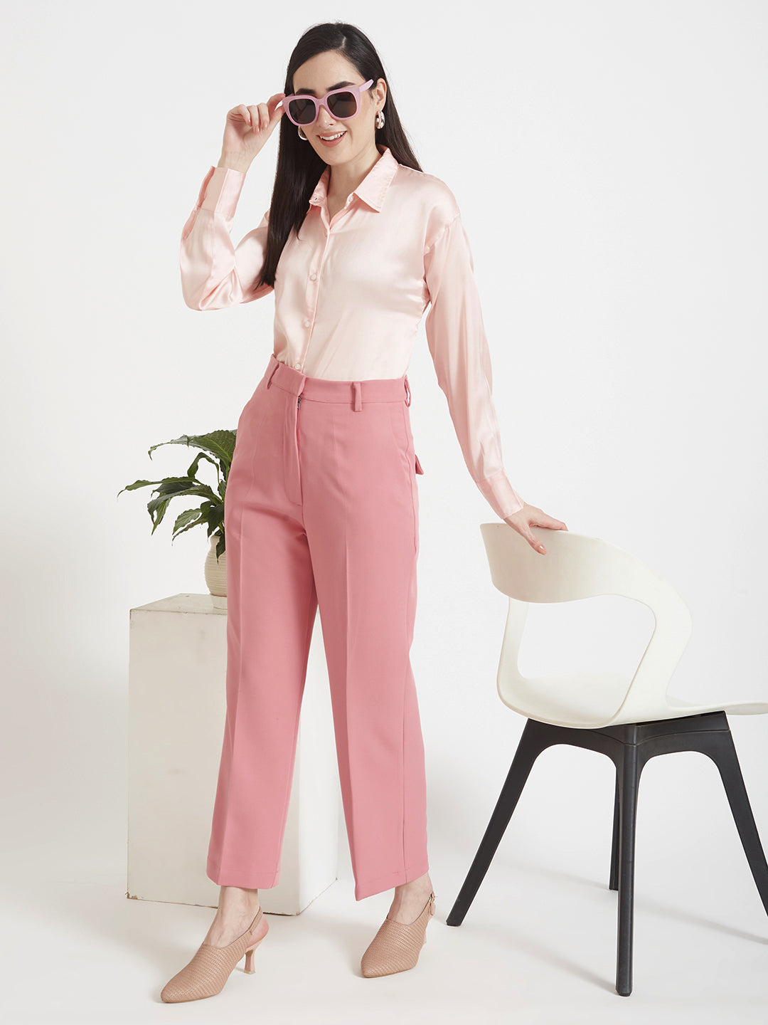 Women'S Premium Soft Pink Drop Shoulder Oversized Satin Shirt With Blush Pink Straight Fit Trouser