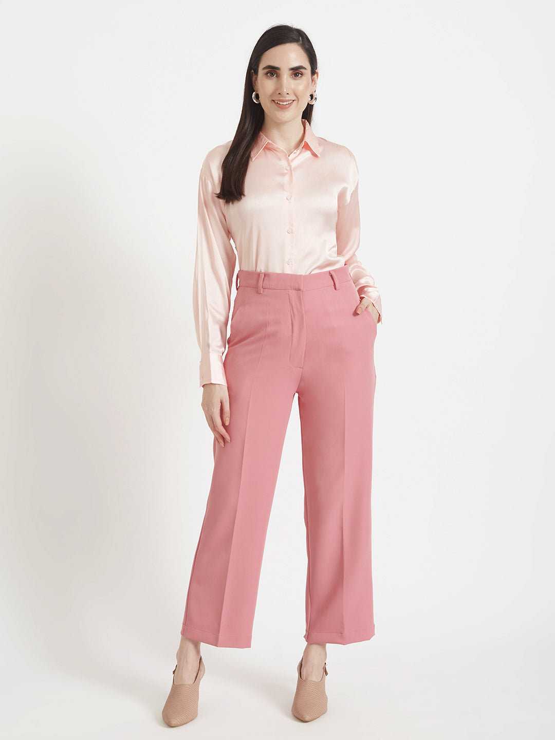 Women'S Premium Soft Pink Drop Shoulder Oversized Satin Shirt With Blush Pink Straight Fit Trouser