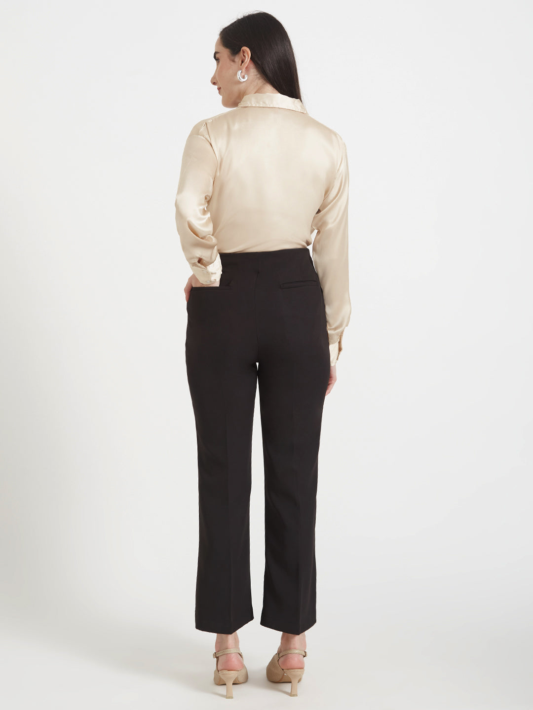Women'S Premium Buff Drop Shoulder Oversized Satin Shirt With Black Flared Fit Trouser