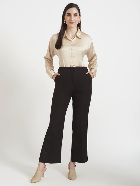 Women'S Premium Buff Drop Shoulder Oversized Satin Shirt With Black Flared Fit Trouser