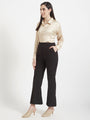 Women'S Premium Buff Drop Shoulder Oversized Satin Shirt With Black Flared Fit Trouser