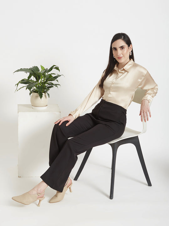 Women'S Premium Buff Drop Shoulder Oversized Satin Shirt With Black Flared Fit Trouser