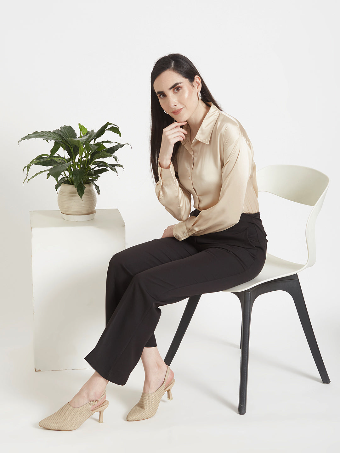 Women'S Premium Buff Drop Shoulder Oversized Satin Shirt With Black Flared Fit Trouser