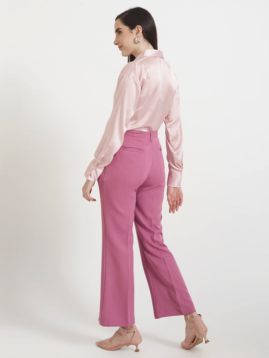 Women'S Premium Light Pink Regular Fit Solid Satin Shirt With Dark Pink Straight Fit Trouser