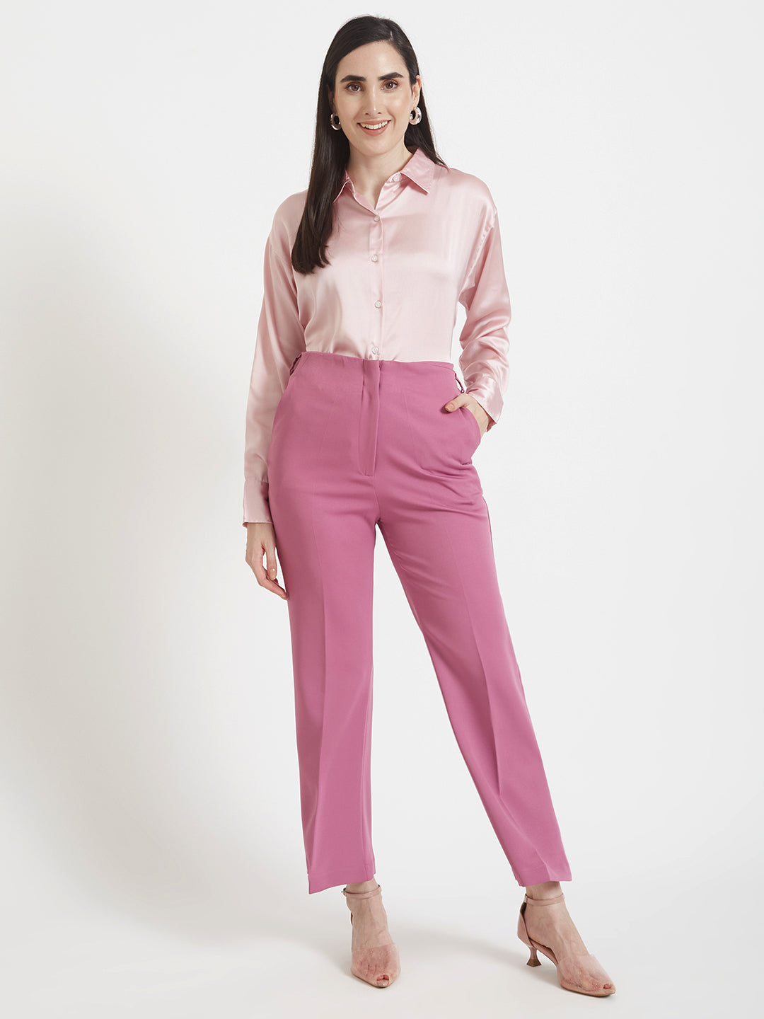 Women'S Premium Light Pink Regular Fit Solid Satin Shirt With Dark Pink Straight Fit Trouser