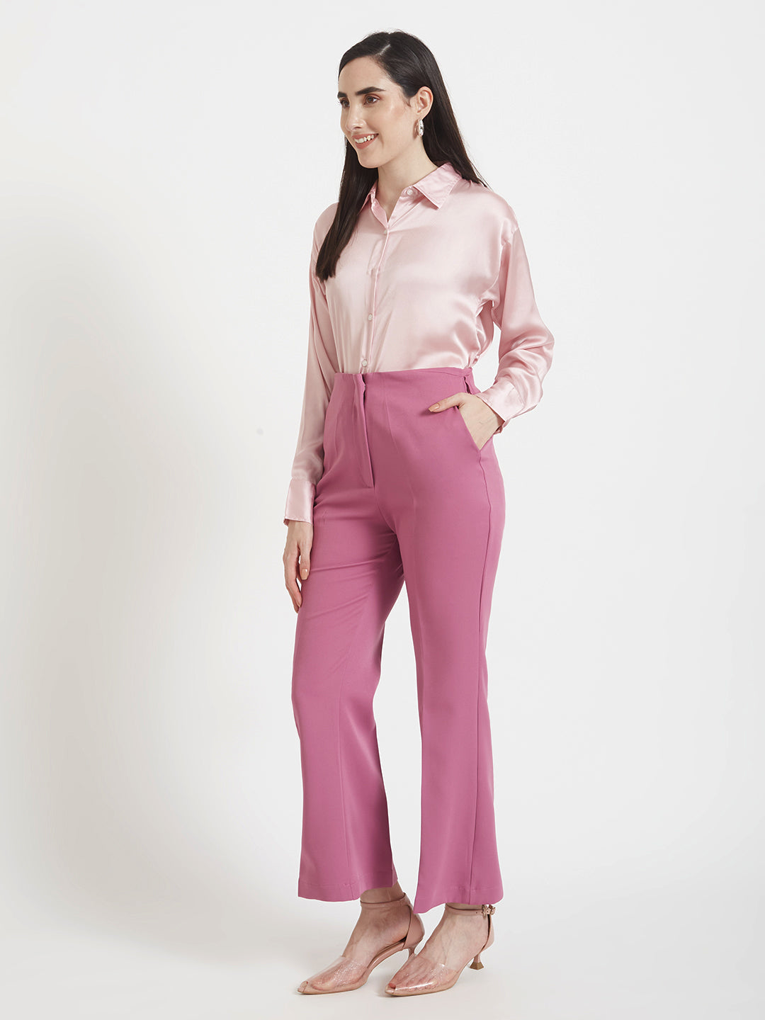 Women'S Premium Light Pink Regular Fit Solid Satin Shirt With Dark Pink Straight Fit Trouser