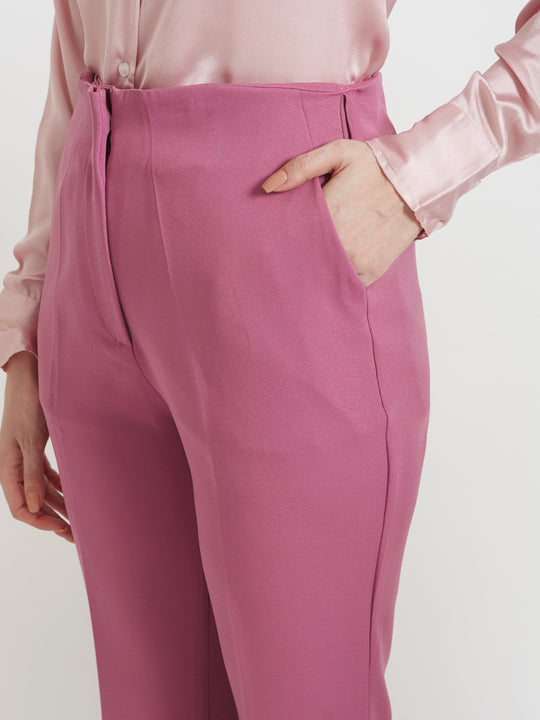 Women'S Premium Light Pink Regular Fit Solid Satin Shirt With Dark Pink Straight Fit Trouser
