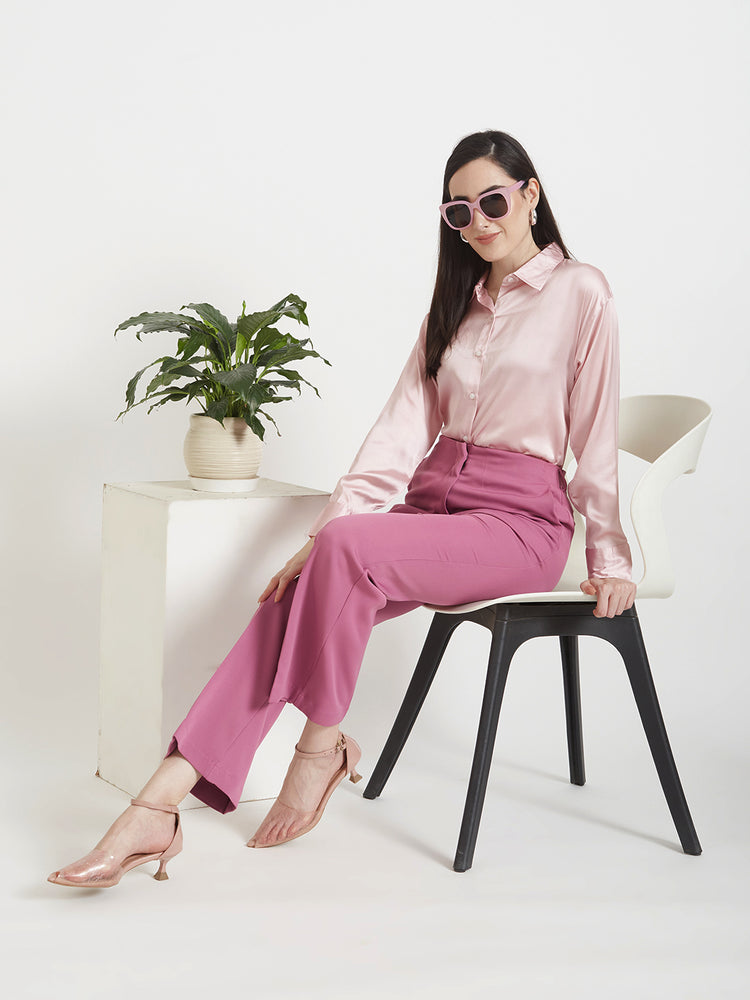 Women'S Premium Light Pink Regular Fit Solid Satin Shirt With Dark Pink Straight Fit Trouser