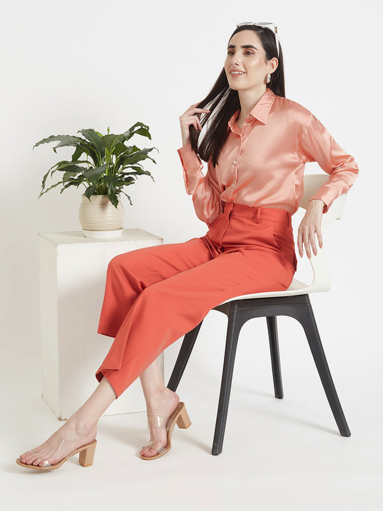 Women'S Premium Peachy Pink Drop Shoulder Oversized Satin Shirt With Coral Straight Fit Trouser