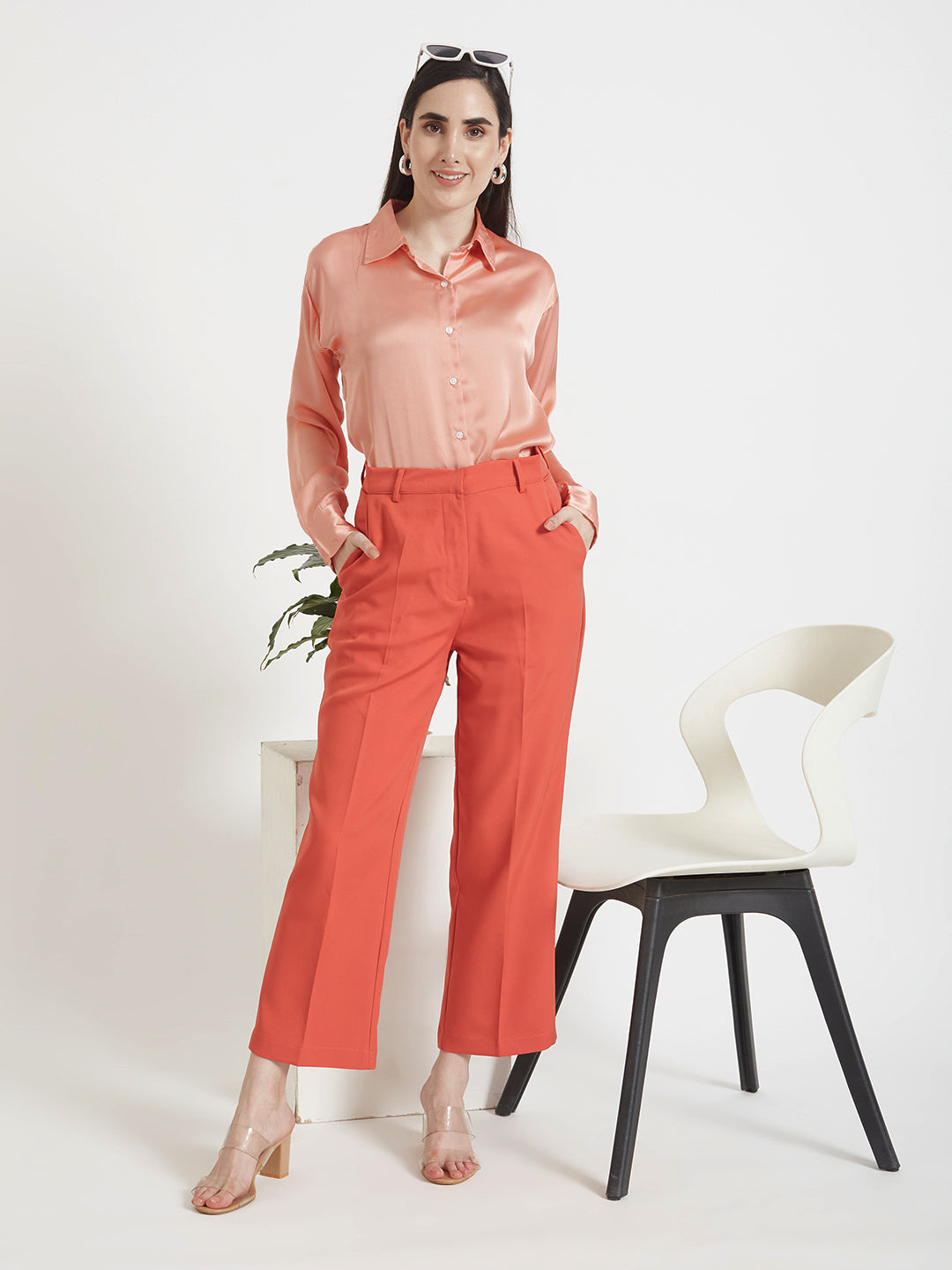 Women'S Premium Peachy Pink Drop Shoulder Oversized Satin Shirt With Coral Straight Fit Trouser