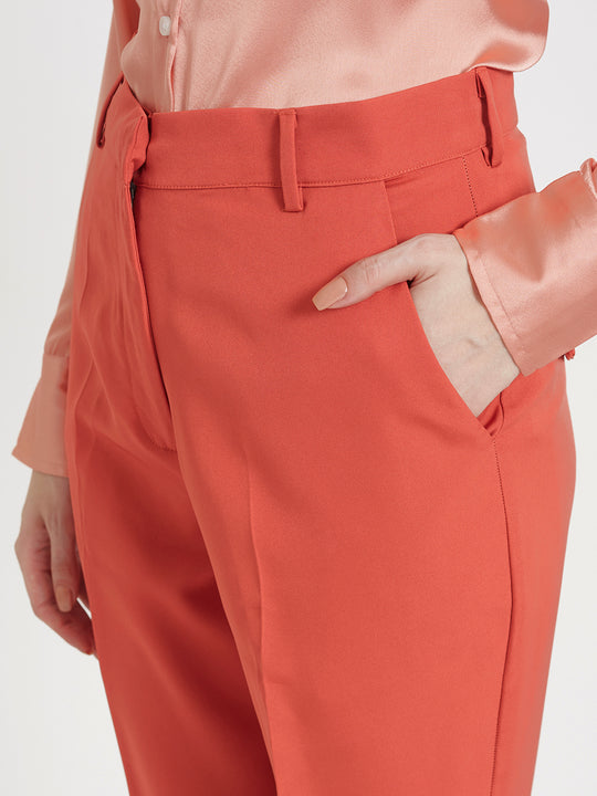 Women'S Premium Peachy Pink Drop Shoulder Oversized Satin Shirt With Coral Straight Fit Trouser