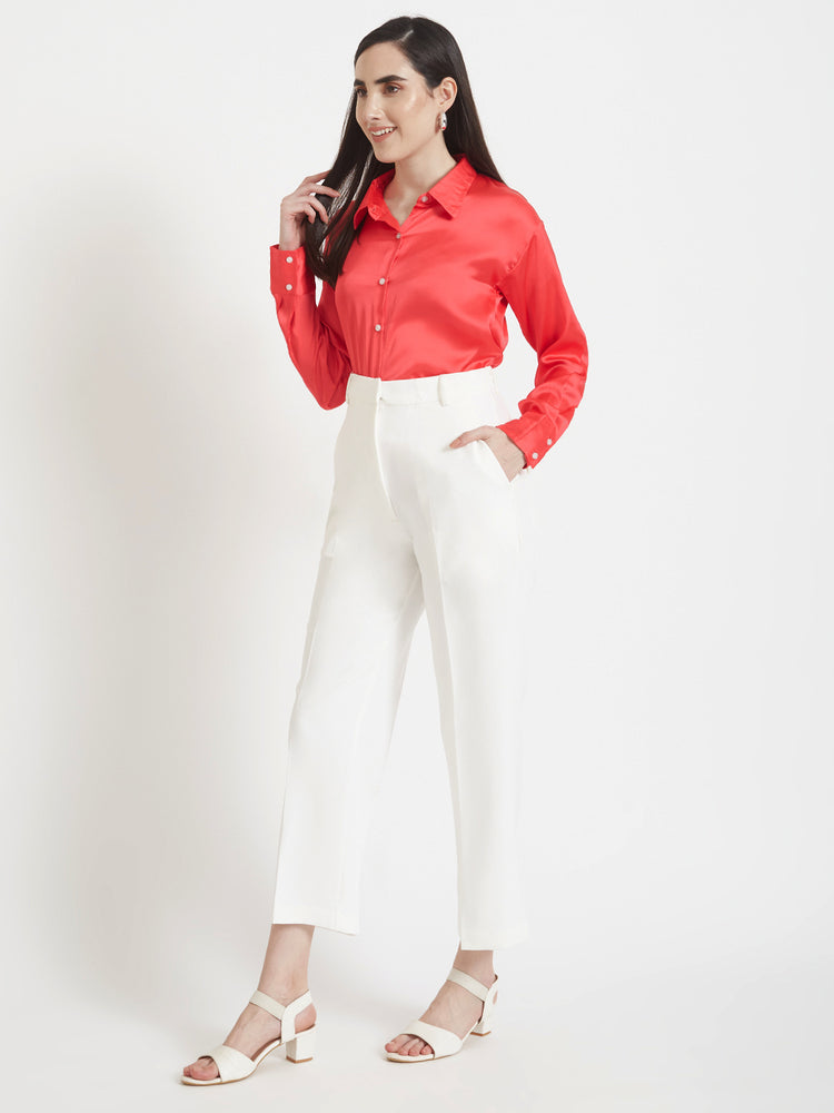 Women'S Premium Ruby Pink Regular Fit Solid Satin Shirt With White Straight Fit Trouser