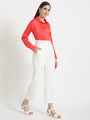 Women'S Premium Ruby Pink Regular Fit Solid Satin Shirt With White Straight Fit Trouser