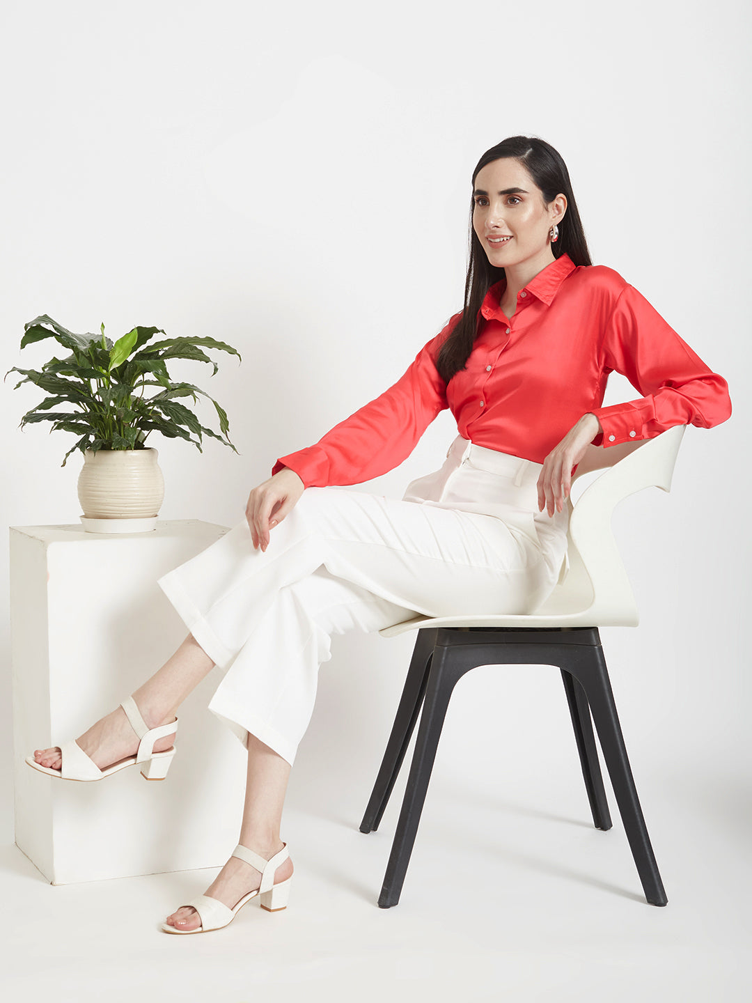 Women'S Premium Ruby Pink Regular Fit Solid Satin Shirt With White Straight Fit Trouser