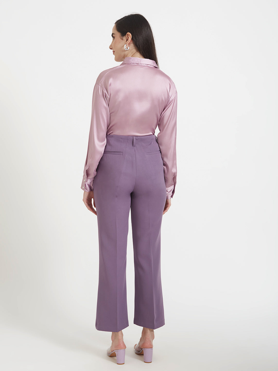 Women'S Premium Lilac Drop Shoulder Oversized Satin Shirt With Deep Purple Flared Fit Trouser