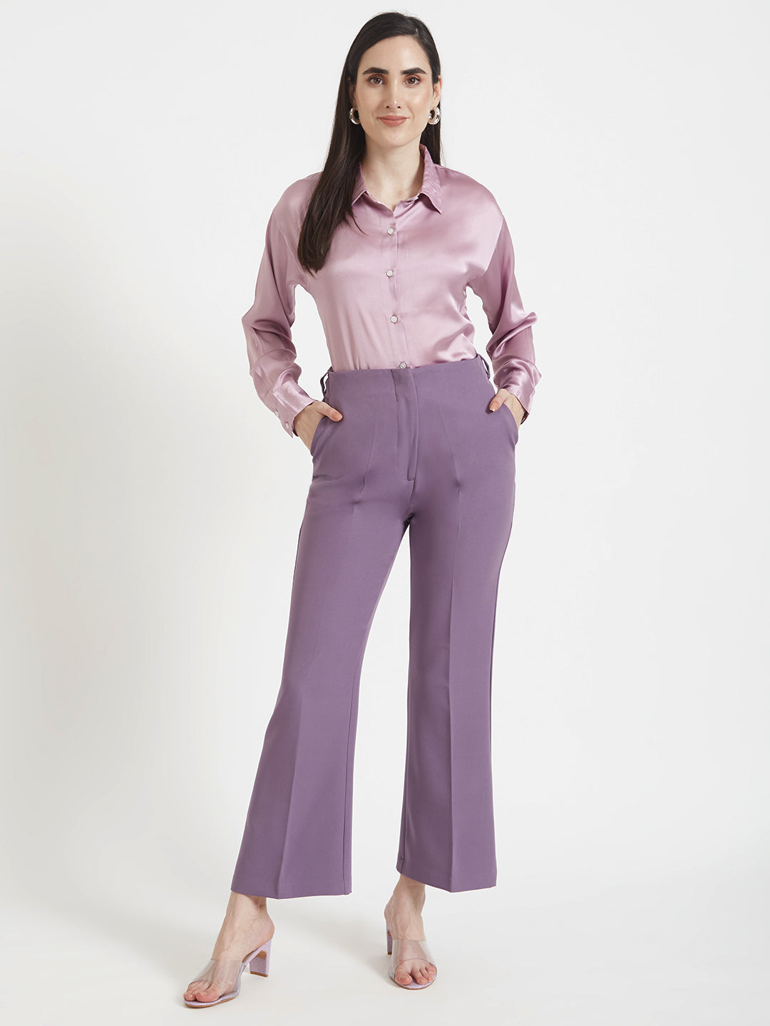 Women'S Premium Lilac Drop Shoulder Oversized Satin Shirt With Deep Purple Flared Fit Trouser