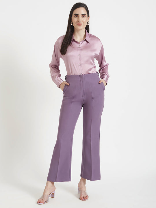 Women'S Premium Lilac Drop Shoulder Oversized Satin Shirt With Deep Purple Flared Fit Trouser