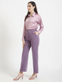 Women'S Premium Lilac Drop Shoulder Oversized Satin Shirt With Deep Purple Flared Fit Trouser