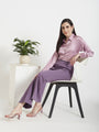 Women'S Premium Lilac Drop Shoulder Oversized Satin Shirt With Deep Purple Flared Fit Trouser