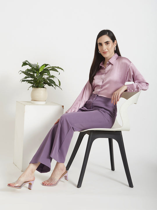 Women'S Premium Lilac Drop Shoulder Oversized Satin Shirt With Deep Purple Flared Fit Trouser