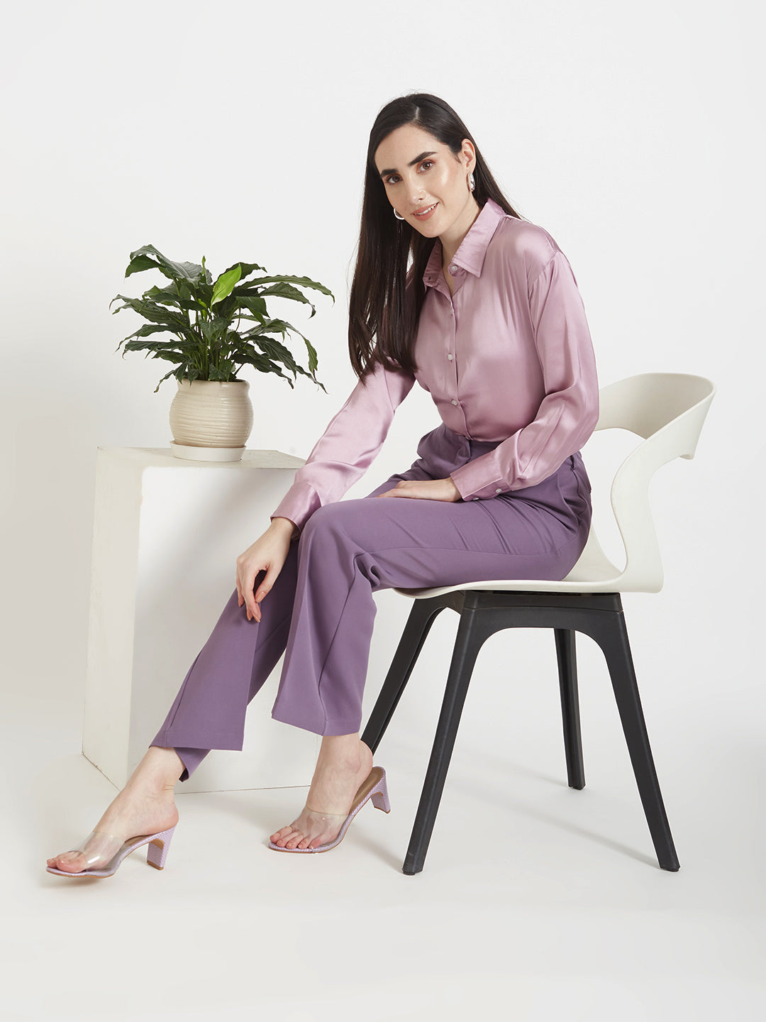 Women'S Premium Lilac Drop Shoulder Oversized Satin Shirt With Deep Purple Flared Fit Trouser