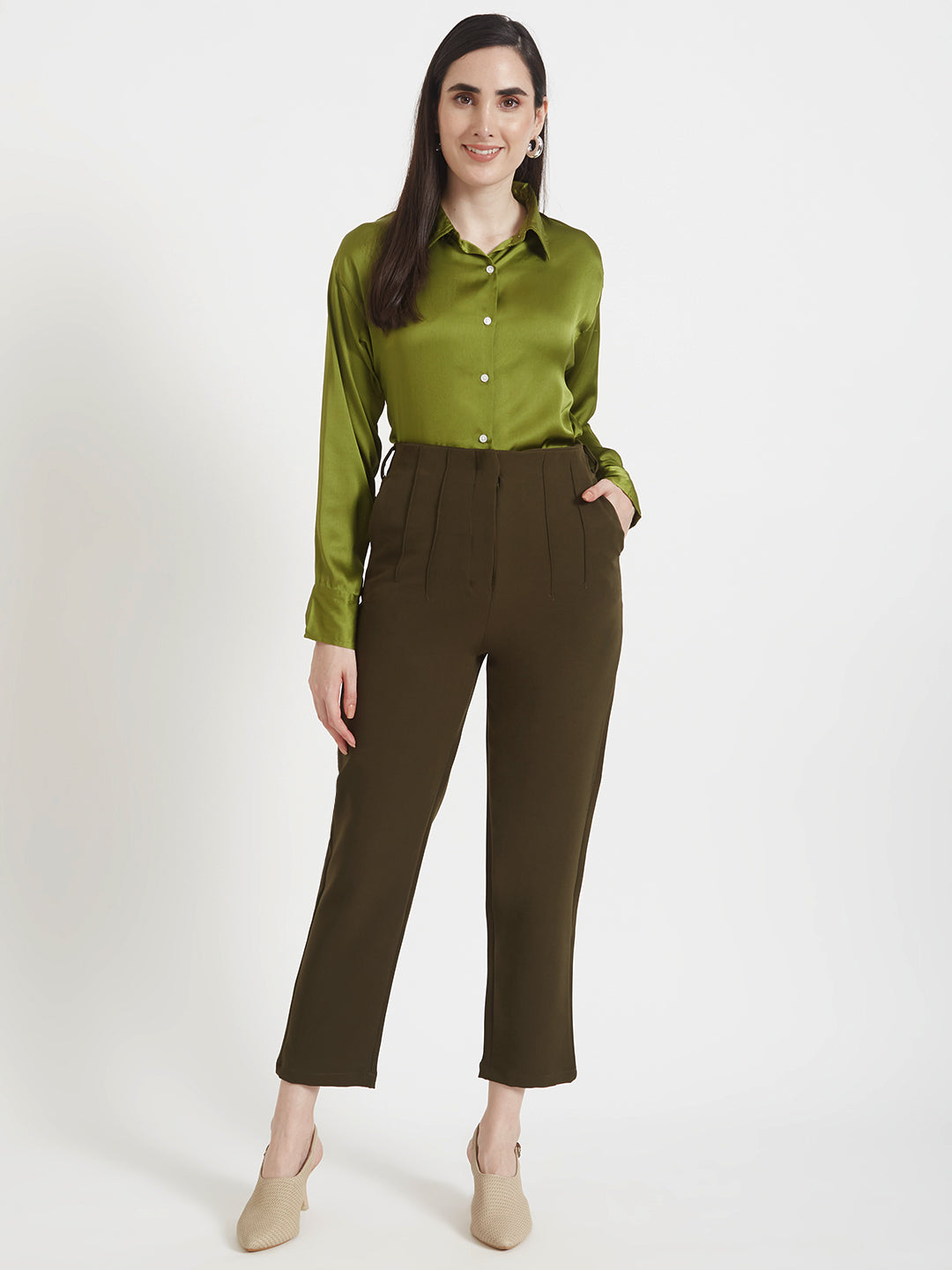 Women'S Premium Olive Regular Fit Solid Satin Shirt With Olive Pleated Trouser