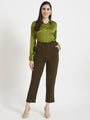 Women'S Premium Olive Regular Fit Solid Satin Shirt With Olive Pleated Trouser