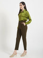 Women'S Premium Olive Regular Fit Solid Satin Shirt With Olive Pleated Trouser
