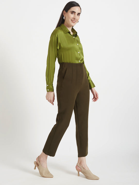 Women'S Premium Olive Regular Fit Solid Satin Shirt With Olive Pleated Trouser