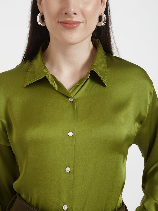 Women'S Premium Olive Regular Fit Solid Satin Shirt With Olive Pleated Trouser
