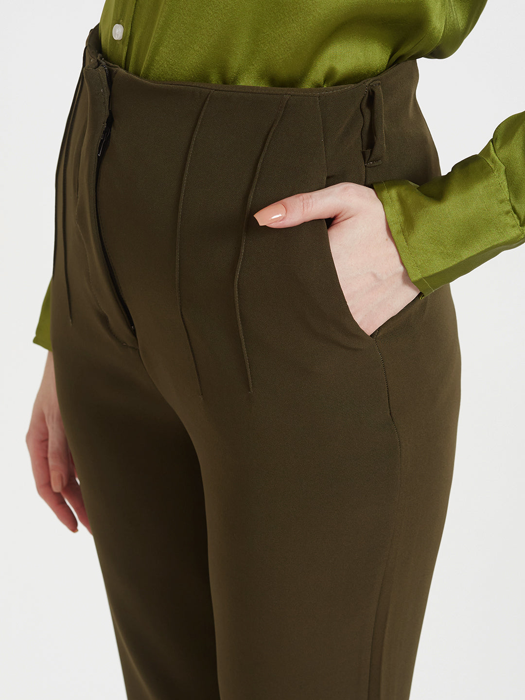 Women'S Premium Olive Regular Fit Solid Satin Shirt With Olive Pleated Trouser