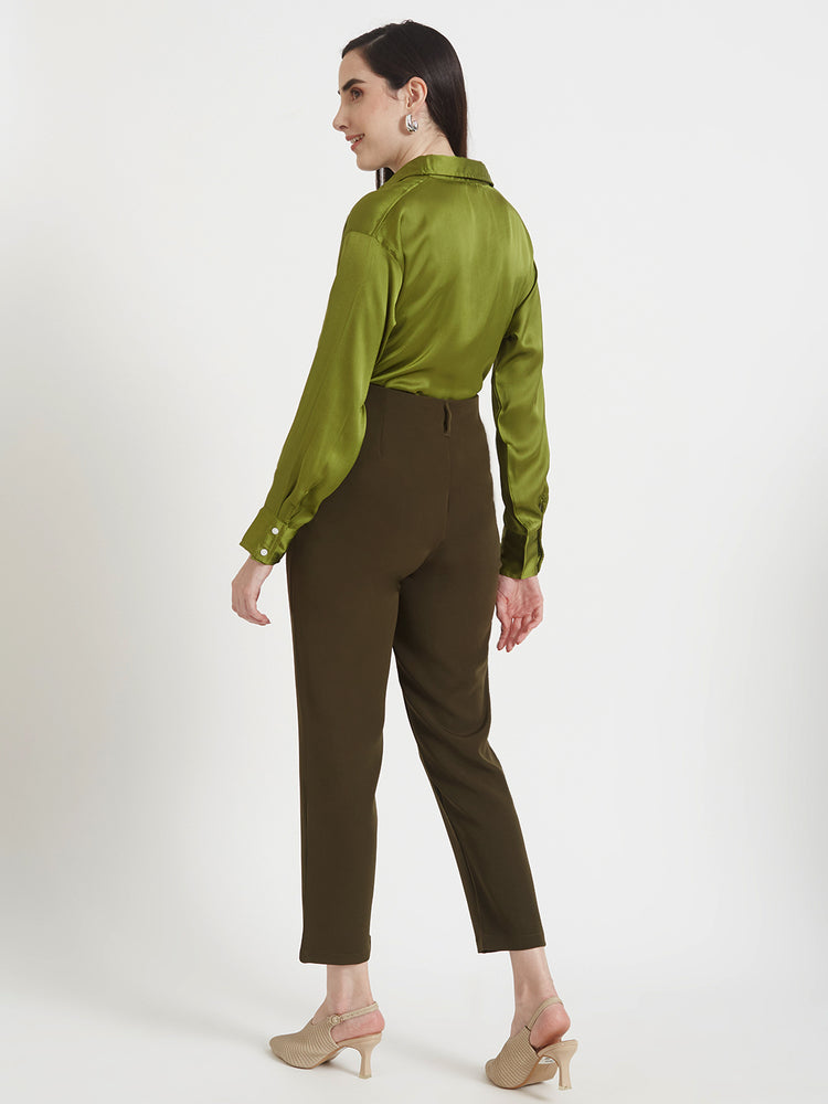 Women'S Premium Olive Regular Fit Solid Satin Shirt With Olive Pleated Trouser