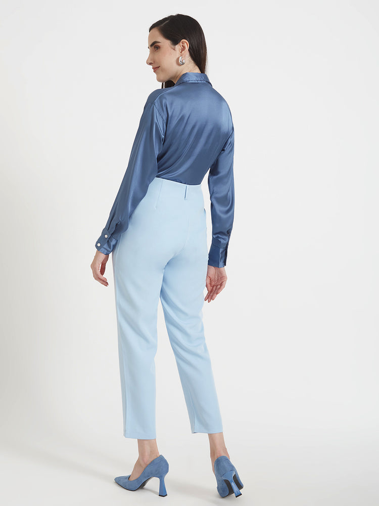 Women'S Premium Marble Blue Drop Shoulder Oversized Satin Shirt With Ice Blue Straight Fit Trouser