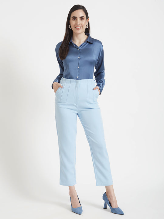 Women'S Premium Marble Blue Drop Shoulder Oversized Satin Shirt With Ice Blue Straight Fit Trouser