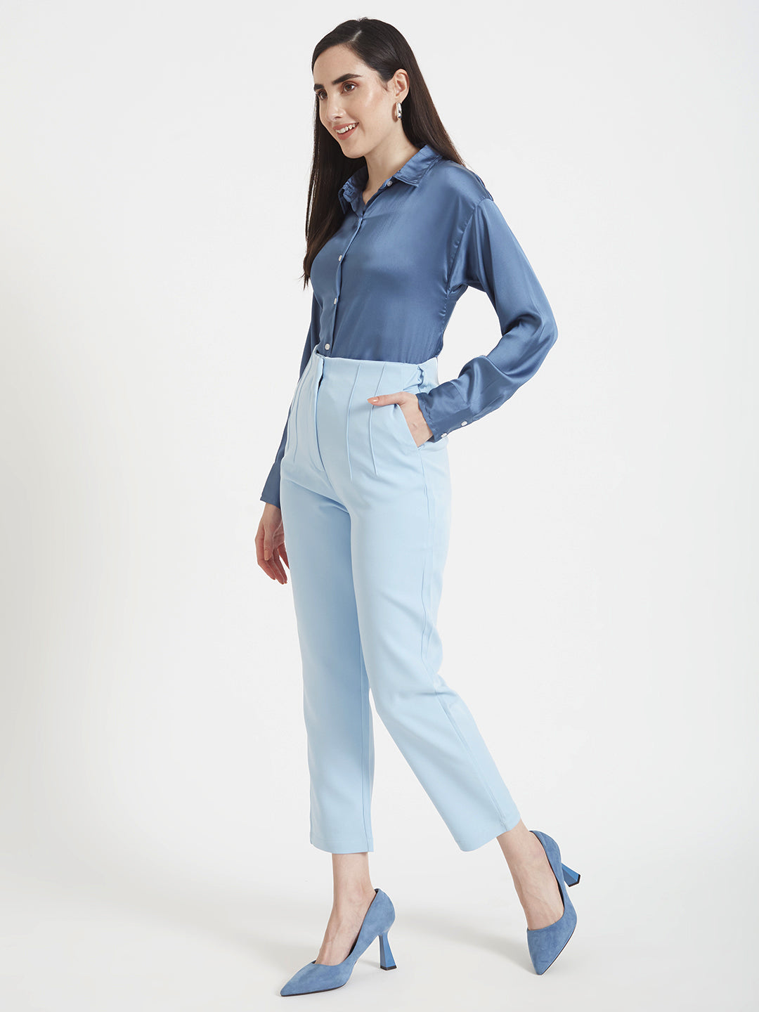 Women'S Premium Marble Blue Drop Shoulder Oversized Satin Shirt With Ice Blue Straight Fit Trouser