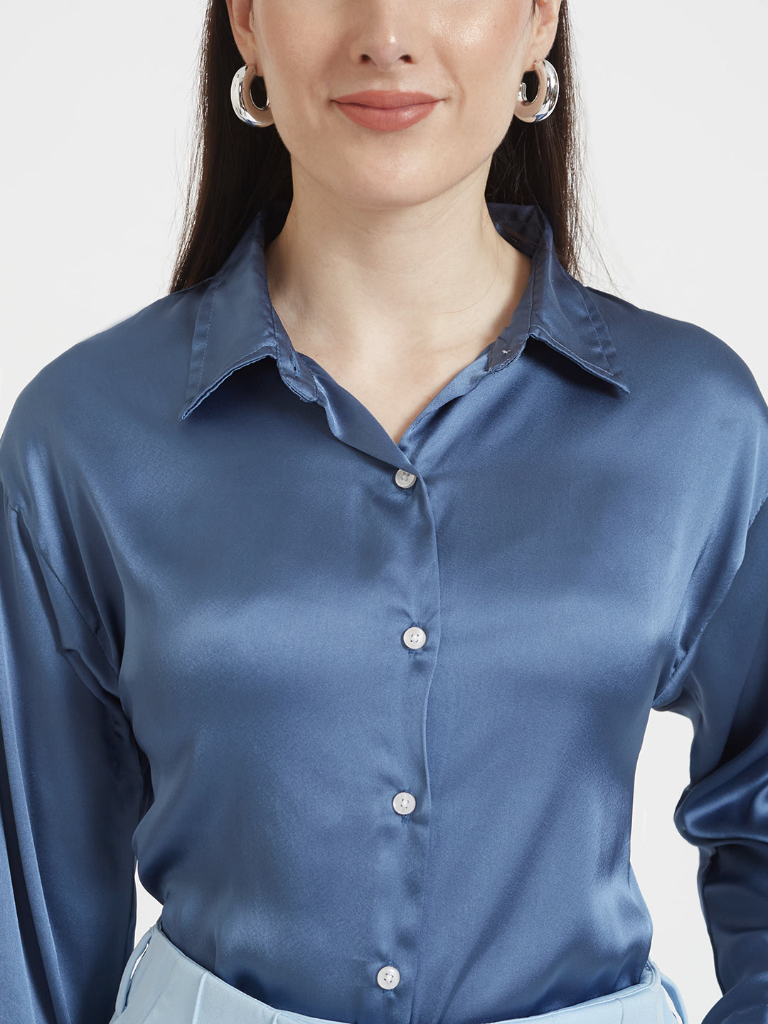 Women'S Premium Marble Blue Drop Shoulder Oversized Satin Shirt With Ice Blue Straight Fit Trouser