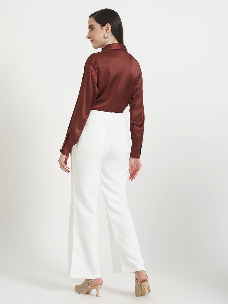 Women'S Premium Chocolate Brown Regular Fit Solid Satin Shirt With White Flared Trouser