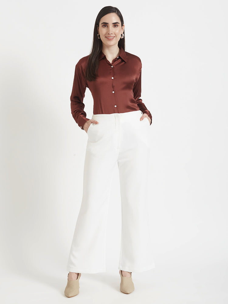 Women'S Premium Chocolate Brown Regular Fit Solid Satin Shirt With White Flared Trouser