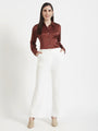 Women'S Premium Chocolate Brown Regular Fit Solid Satin Shirt With White Flared Trouser