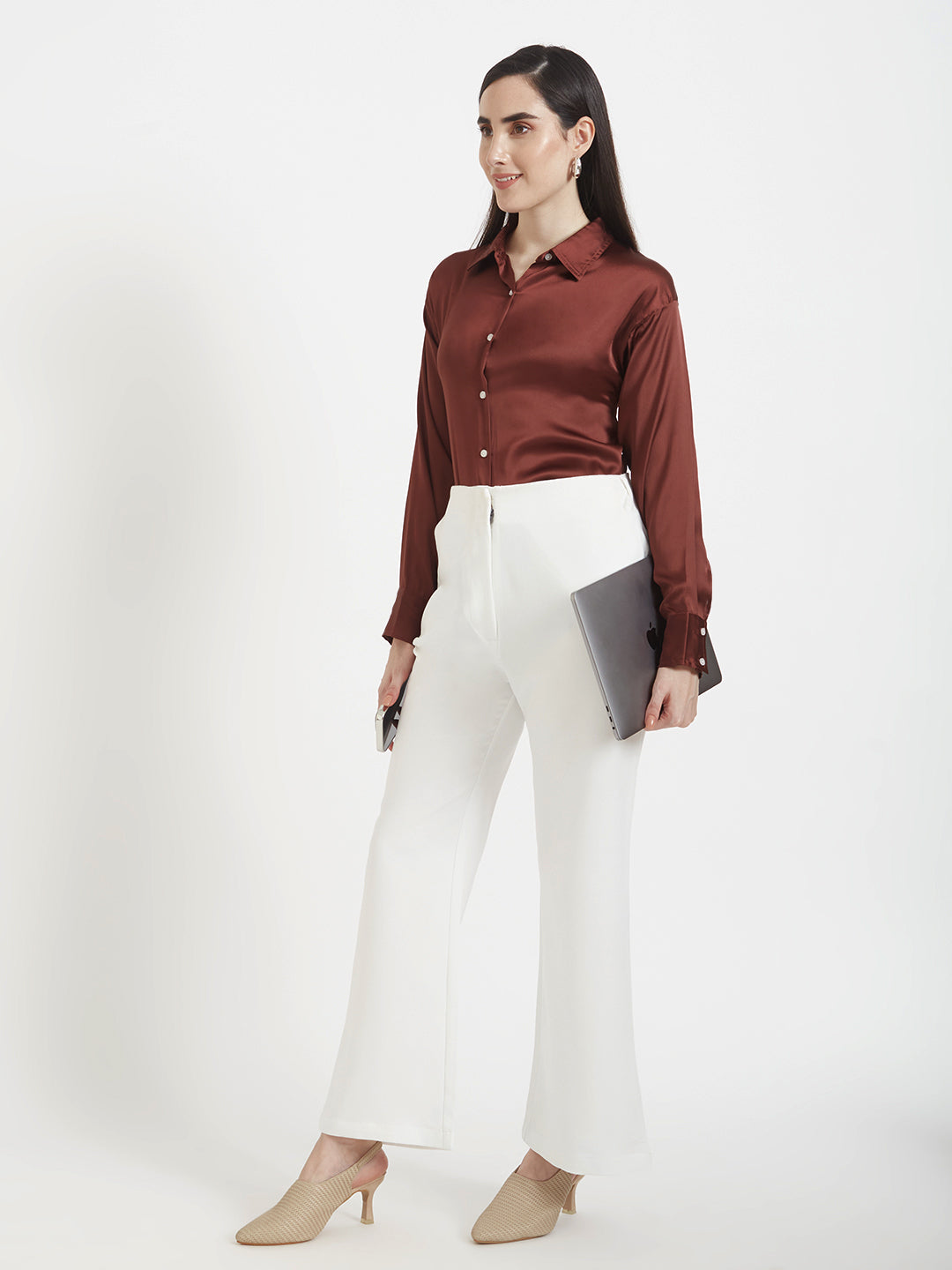 Women'S Premium Chocolate Brown Regular Fit Solid Satin Shirt With White Flared Trouser