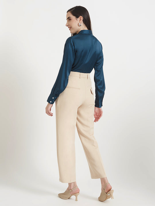 Women'S Premium Deep Teal Regular Fit Solid Satin Shirt With Beige Flared Fit Trouser