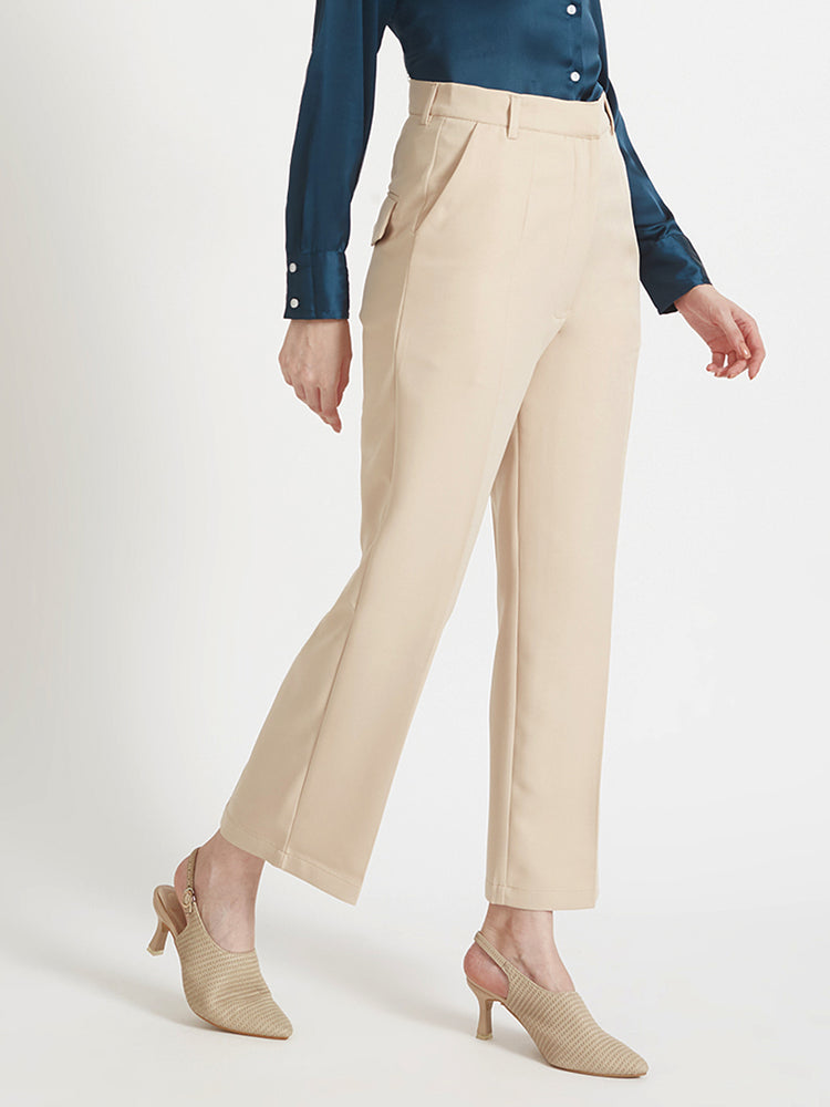 Women'S Luxury Banana Crepe Fawn Straight Fit Flap Pocket Trouser