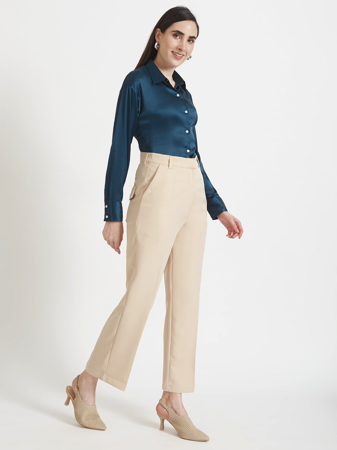 Women'S Premium Deep Teal Regular Fit Solid Satin Shirt With Beige Flared Fit Trouser