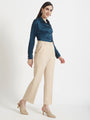 Women'S Premium Deep Teal Regular Fit Solid Satin Shirt With Beige Flared Fit Trouser