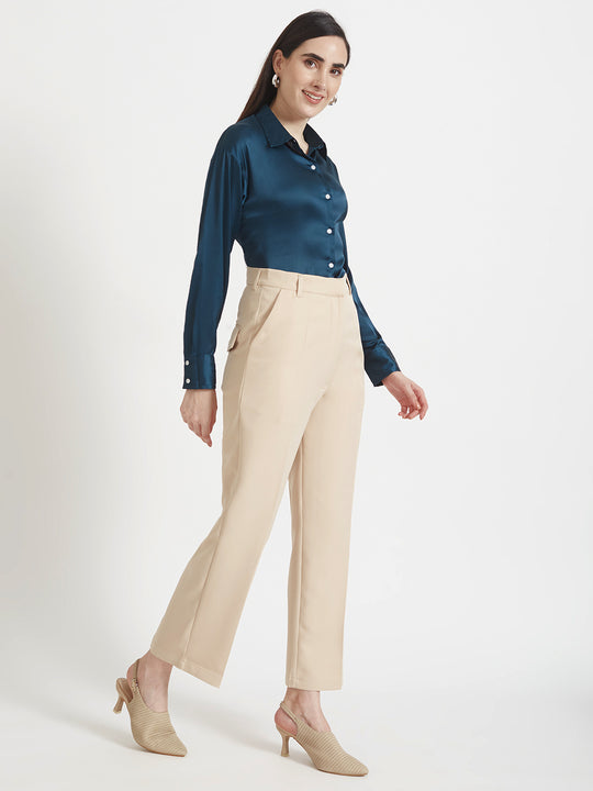 Women'S Premium Deep Teal Regular Fit Solid Satin Shirt With Beige Flared Fit Trouser