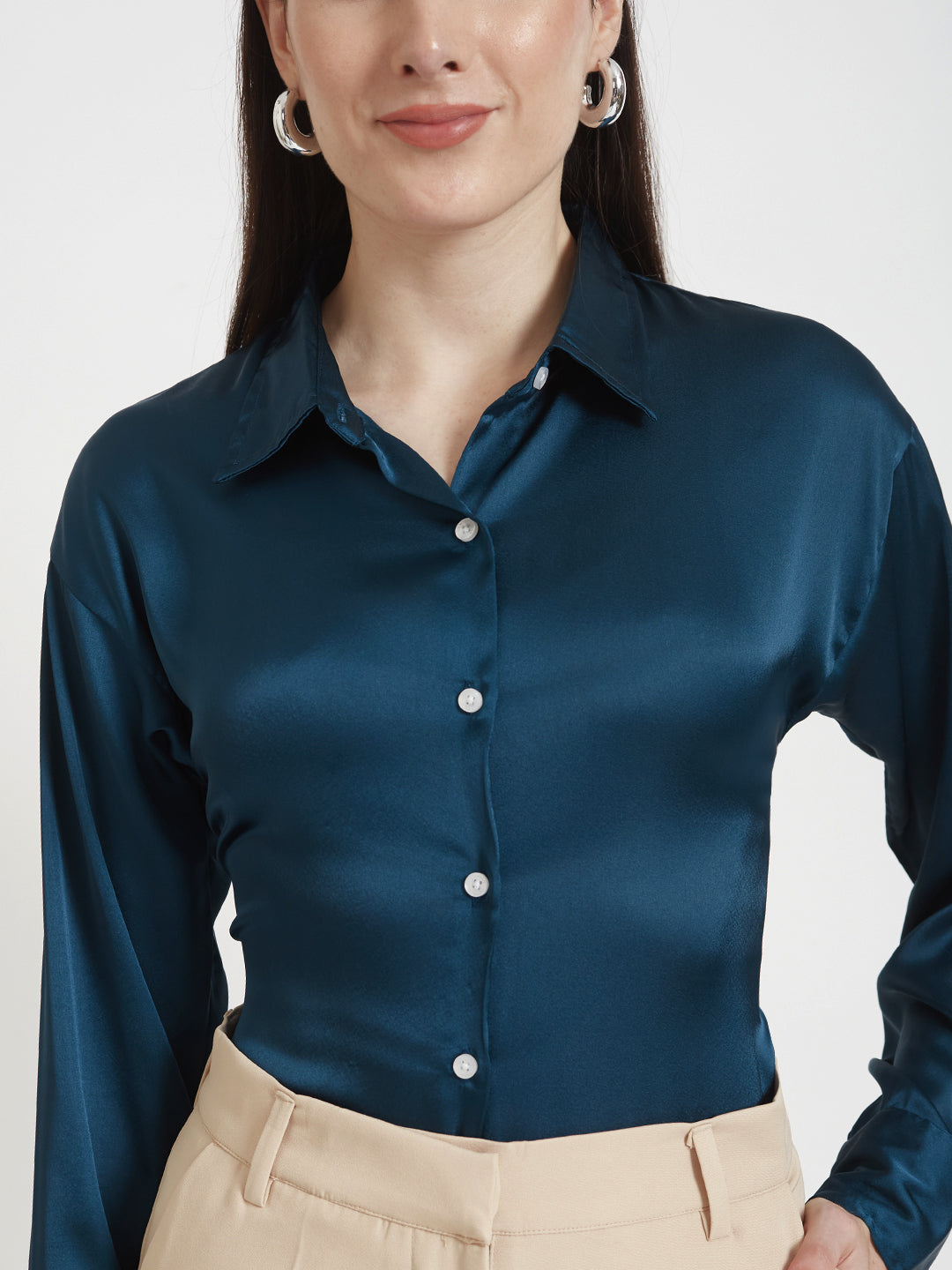 Women'S Premium Deep Teal Regular Fit Solid Satin Shirt With Beige Flared Fit Trouser