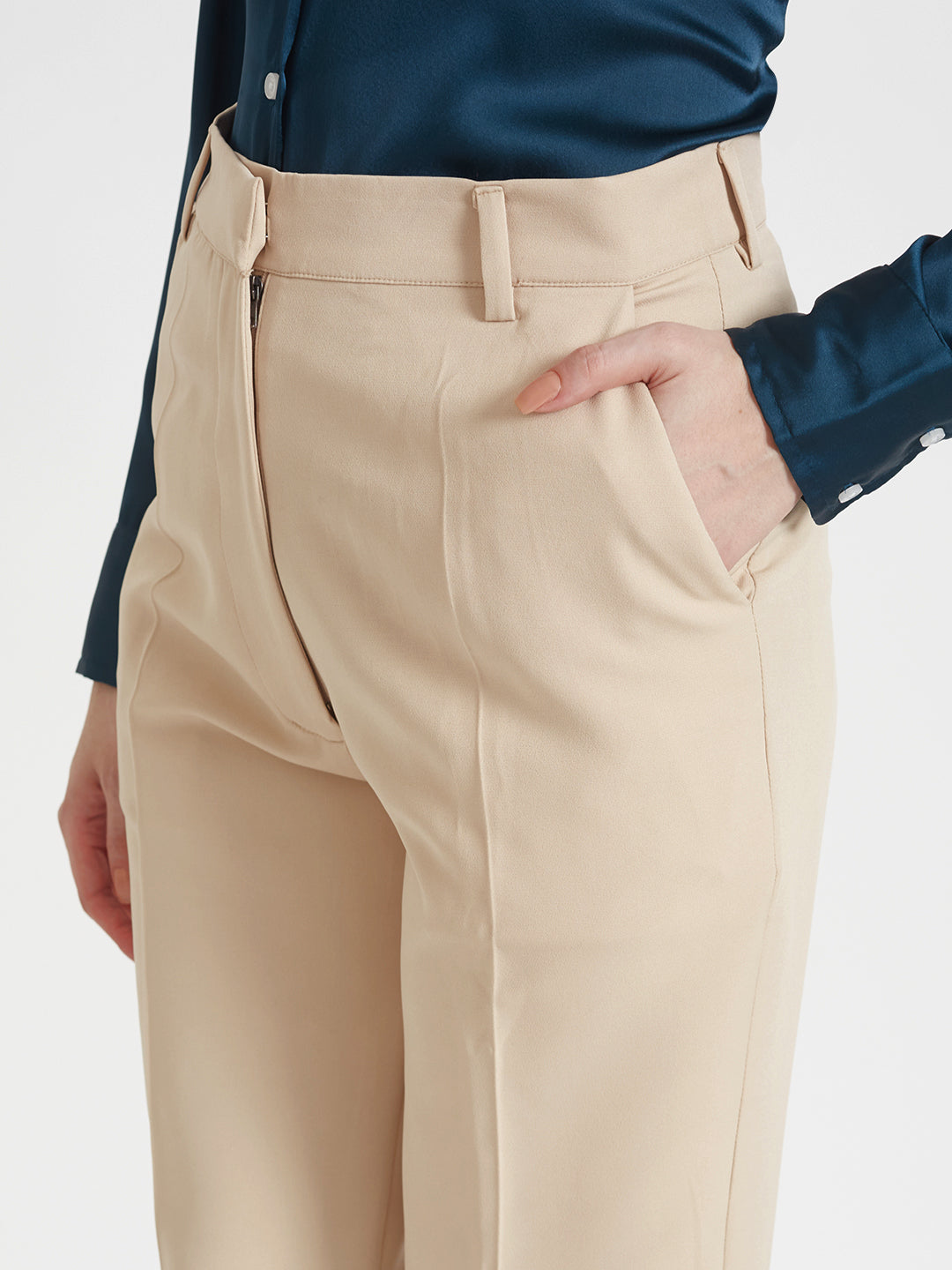 Women'S Luxury Banana Crepe Fawn Straight Fit Flap Pocket Trouser
