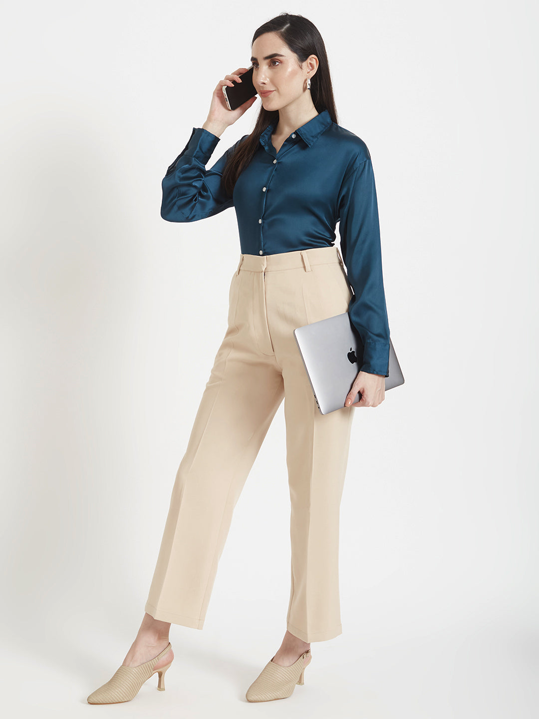 Women'S Premium Deep Teal Regular Fit Solid Satin Shirt With Beige Flared Fit Trouser