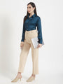 Women'S Premium Deep Teal Regular Fit Solid Satin Shirt With Beige Flared Fit Trouser