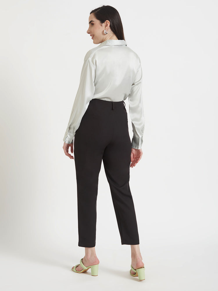 Women'S Premium Steel Grey Regular Fit Solid Satin Shirt With Black Pleated Trouser